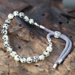 Bracelet Cordon gris argent 925 - Jaspe Dalmatien